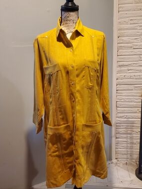 Long Sleeve 4 Pocket Special Vintage Linen Shirt Dress in Mustard Yellow VGC